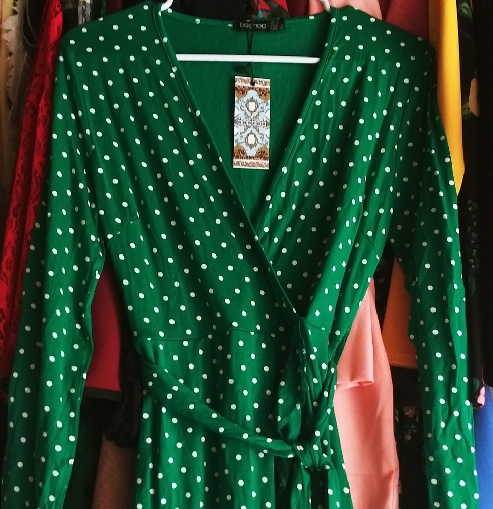 NWT Green White Polka Dot Wrap Dress US 6 Small